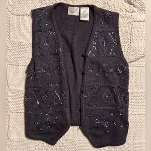 Vintage Kathie Lee Embroidered Beaded Black Vest